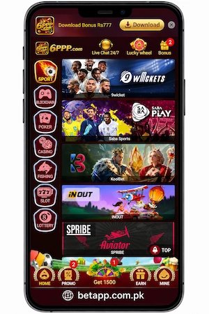 Preview the 6PPP betting and casino application with promotions and game categories. Available on betapp.com.pk.